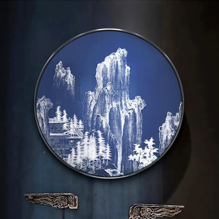 新中式关JAH圆形装玄饰画客厅肌理雕浮实物立体挂画酒店厅餐墙面