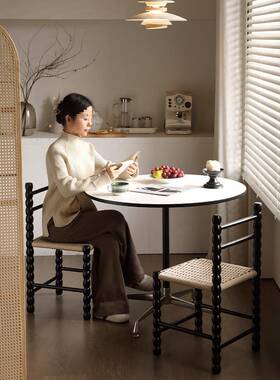 *法民宿复古实木餐椅家用休闲式化靠背中古黑色绳编梳J妆ONB妆书