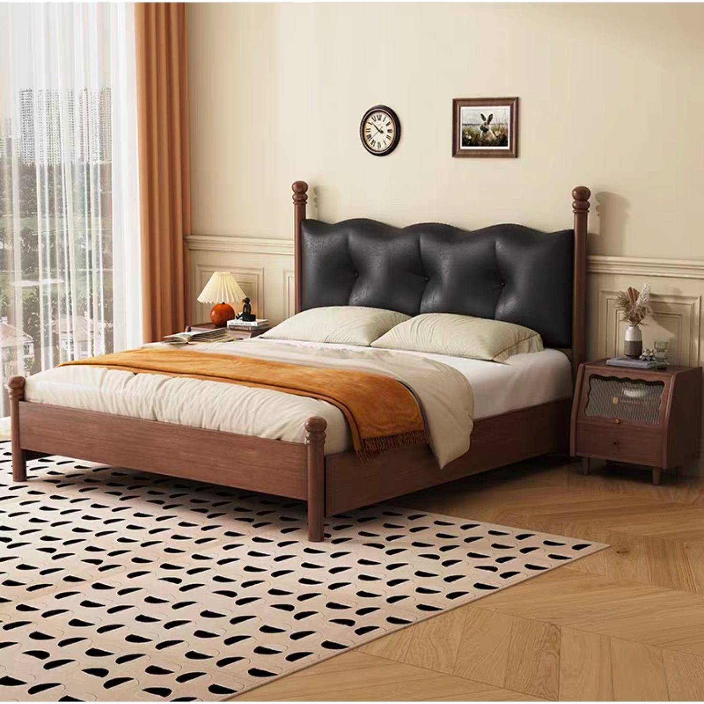 中古风美式实床软包床简约现代双古人木床式复床主卧VVC法小户型