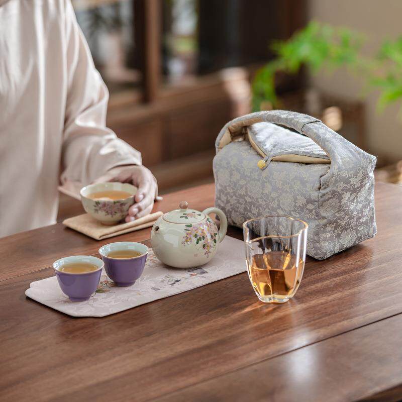 釉下手绘西施壶旅茶收纳绘包行便携手提收纳袋茶具壶472手紫藤织
