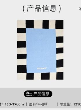 造zwow2卧05天空岛白黑蓝格中古风双绒面加厚半2边82412盖毯休闲