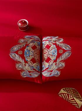 档婚庆四件套大红全棉高龙房凤新结婚0嫁喜被刺PSS绣10s纯棉床上