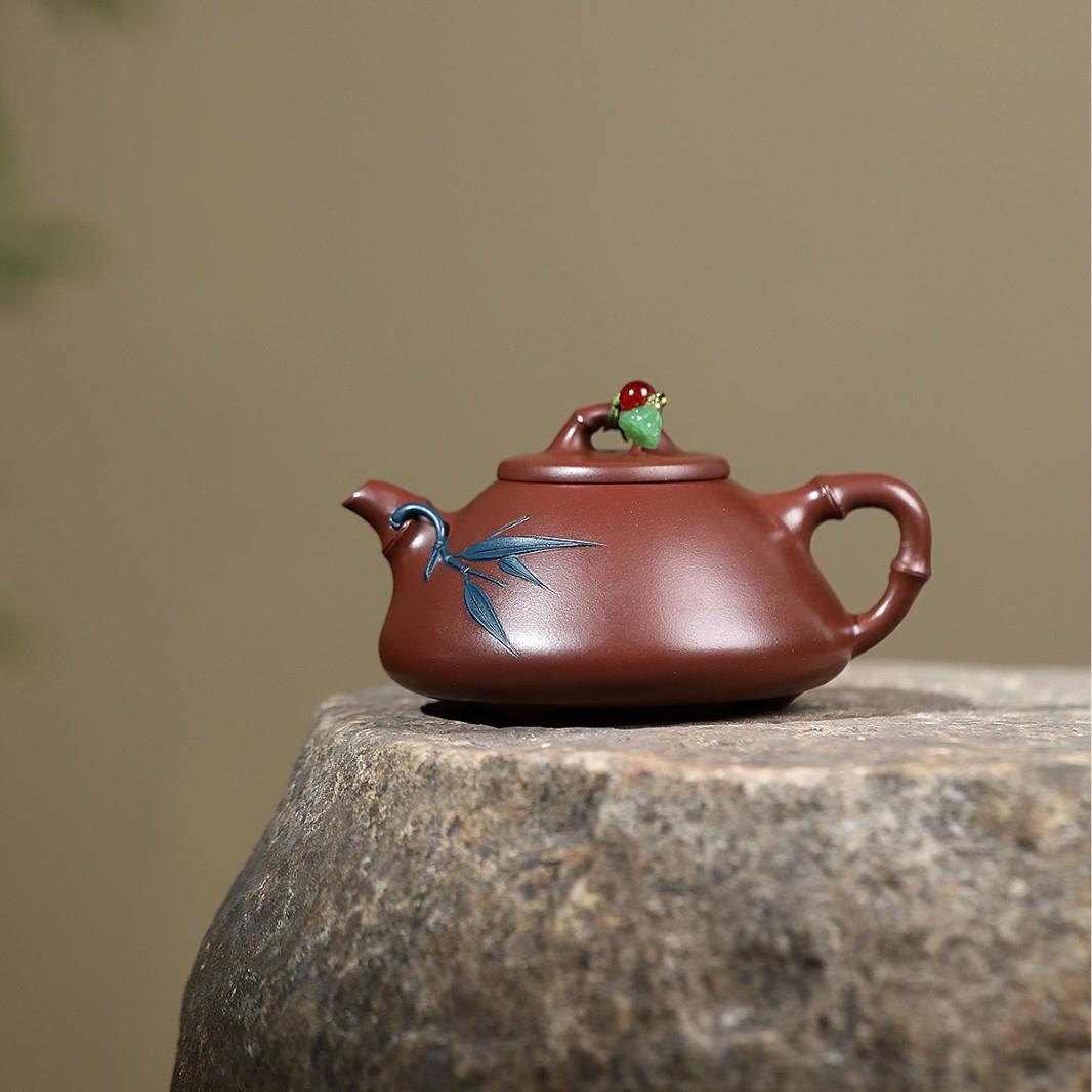 宜兴紫砂壶匠人手工制作矿底原槽清端影竹石瓢高茶858壶茶具