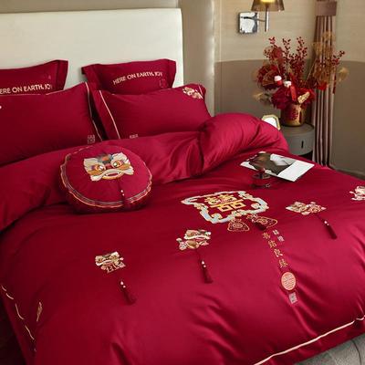 中式套婚庆喜字刺绣10680绒棉四件套新婚陪嫁红色0床单被长床上用
