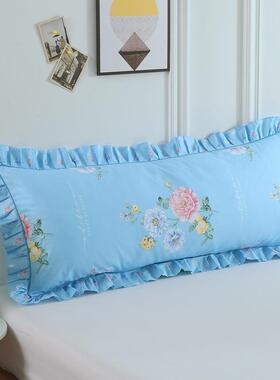 套双人枕套长款104420全棉纯棉人花边夏⊕季双一体枕头绿色长枕套