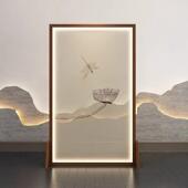 新中式 屏风隔断店大厅可客酒厅关卧室移动实YVT木带玄灯半透明纱