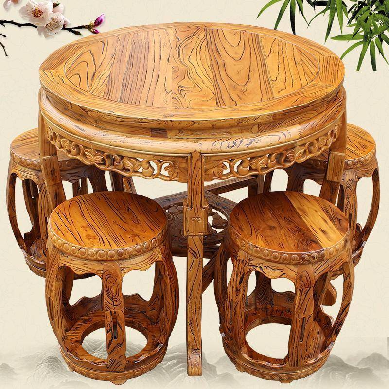 #实木圆桌古餐桌桌ROC复古圆仿桌圆餐桌小户家用餐椅型组合圆木一