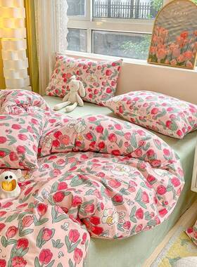 全棉小花四件田园风民舍宿A套B版纯棉被套学生宿三件套无品牌/碎