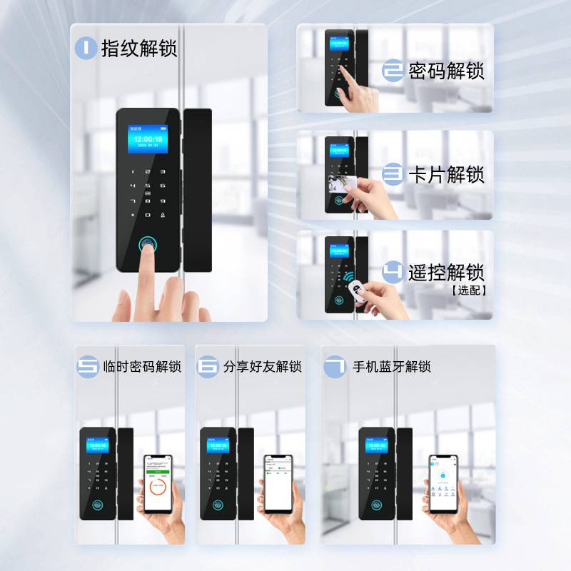 玻璃门密码锁免开孔单开双门指纹锁办公室有框无框智能门锁电子锁