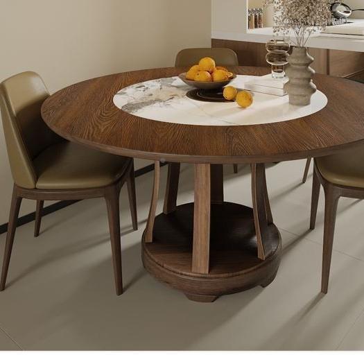 全实木岩板新餐桌椅组合内嵌盘带电磁炉家用VF大圆桌10转人饭桌中