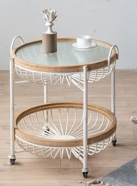 美复古铁艺工茶几几民宿客厅角几边做旧LXF玻璃可移动小圆桌子业