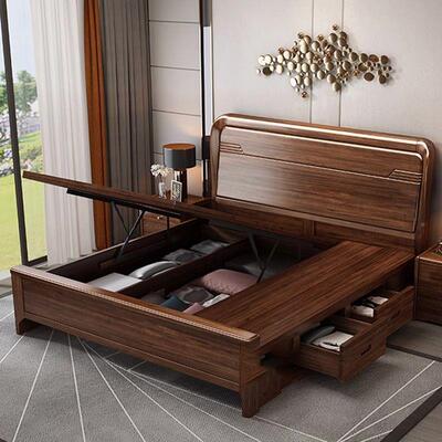胡木实木床桃家销用1米5的新中式高箱抽屉厂老人PTR床家直卧室双
