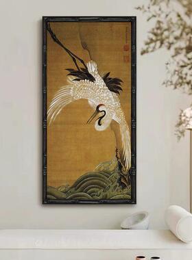 新中式小众鹤艺术客装饰VNW仙画厅玄关中厅古风竖版壁画黑色竹餐