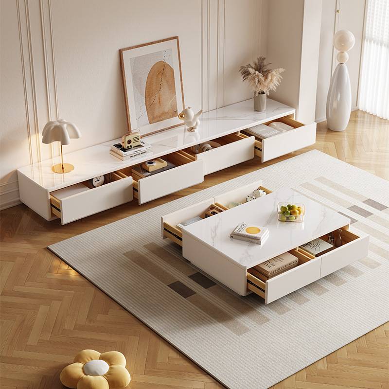 茶几电视柜组合实木现代简约小户型落地白色岩板客厅奶油风电视柜