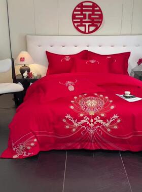 高档中刺绣结床婚JX四件大红色新婚单被套婚庆式床套上用品婚房喜