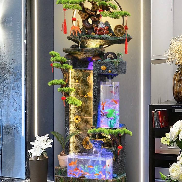 中式鱼缸流水摆件循环招财客厅玄关落地假山盆景喷泉时来运转景观