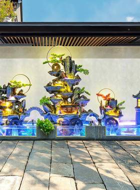 大型假山流水喷业泉鱼池13960环水庭院水轮客厅造景酒店开循招财