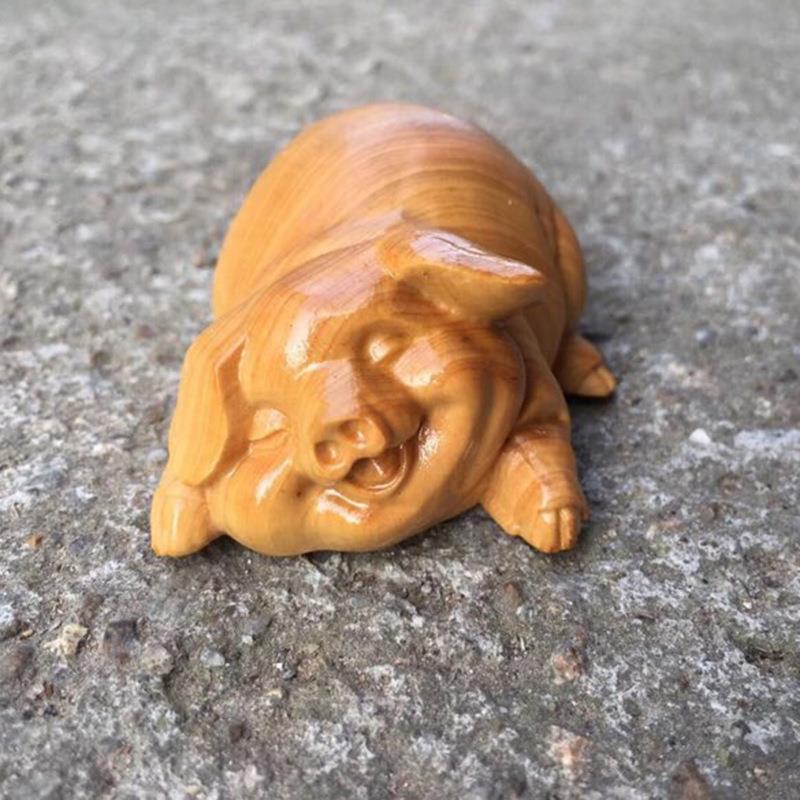 崖艺铭仙苑件柏雕四喜福猪家居摆件欢天喜地生肖猪茶宠手把汽车工