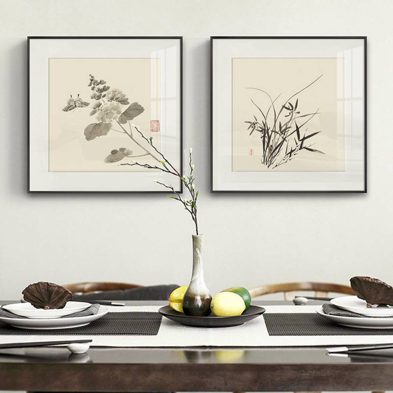 花飞蝶舞 新中式客厅植物装饰画禅意沙发背景挂画餐厅茶室水墨画图片