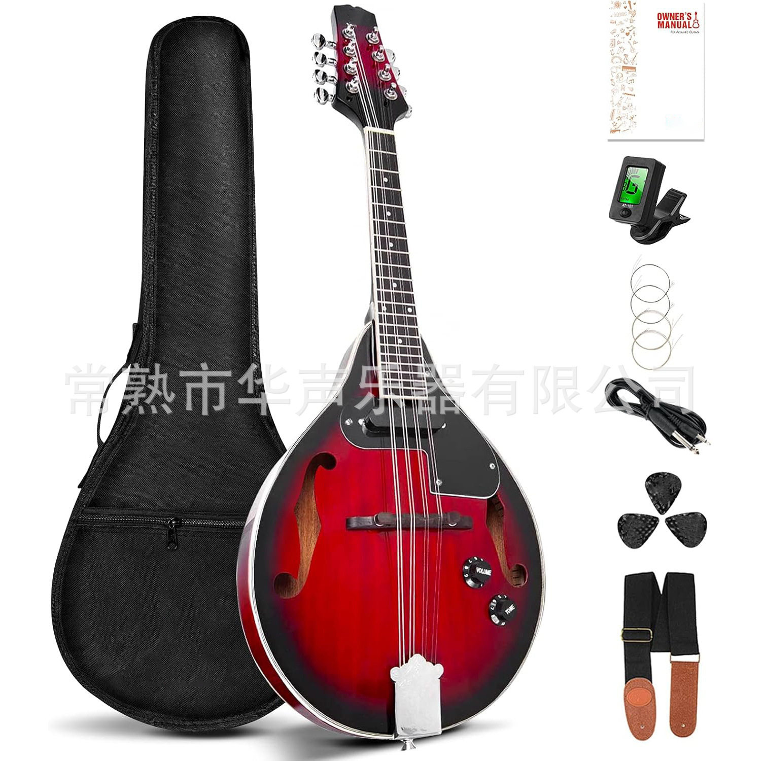 复古红色曼陀铃琴出厂价高品质 A 型 8 弦乐器原声贝斯吉他出售