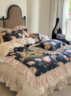 法单YIH式复古田园公主风水床洗棉床上件套感双四层花边被套磨毛