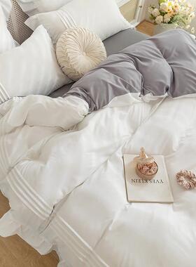 法式床纯色公边主风包四季棉荷叶花四RYN件套床单被套笠床三件套