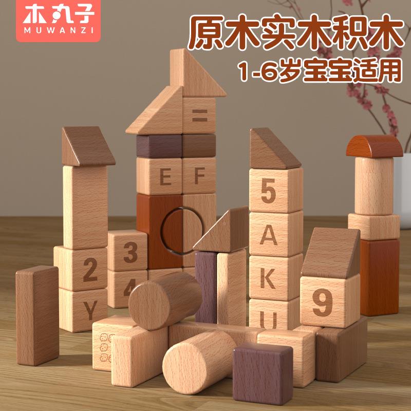 木制大知颗粒原质木古典无漆29270积木儿童数搭字字母形状认拼玩