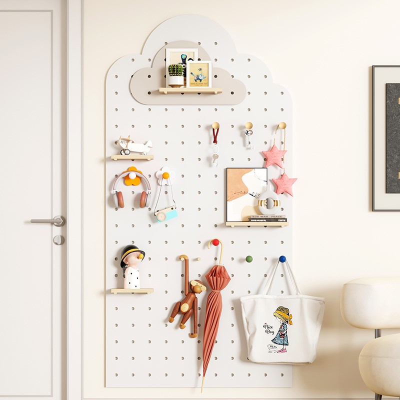 云朵洞洞板定制入户玄关置物架木质展示收纳墙实木墙上隔板挂衣架