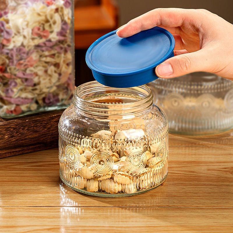 复古海棠花纹玻璃储物罐零食干果家用厨房收纳玻璃罐带盖防虫防潮