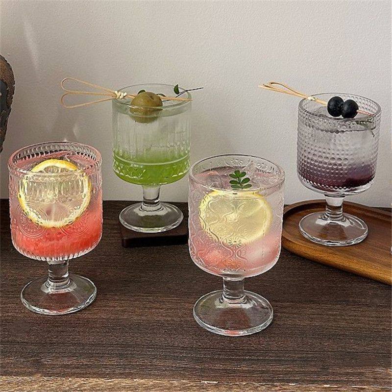 【4只】高颜值高脚玻璃杯复古ins红酒杯太阳花浮雕水杯冷饮料杯子