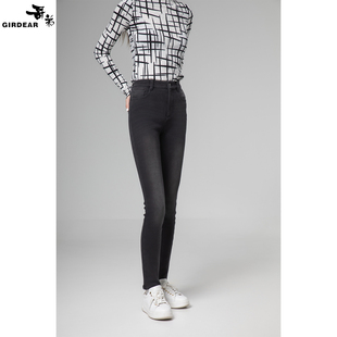 Girdear/哥弟26新款中腰修身显瘦加绒保暖小脚牛仔裤1100212