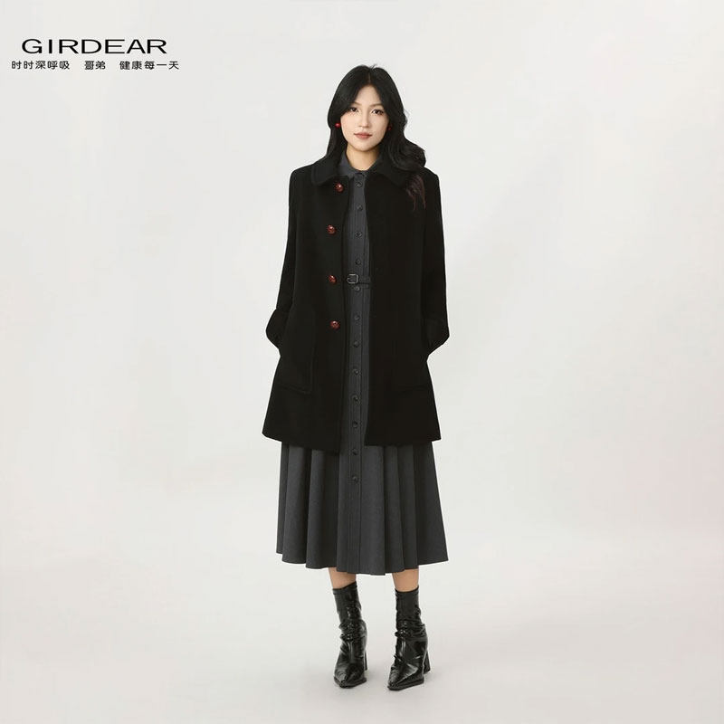 Girdear/哥弟秋冬款显高加长版Chic风高品质绵羊毛大衣外套140060