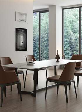 北欧亮光岩板餐桌椅组合长方形家用小户型现代简约全实木承托板桌