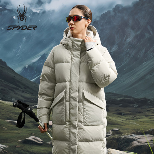 蜘蛛秋冬女耐磨长款连帽厚羽绒服