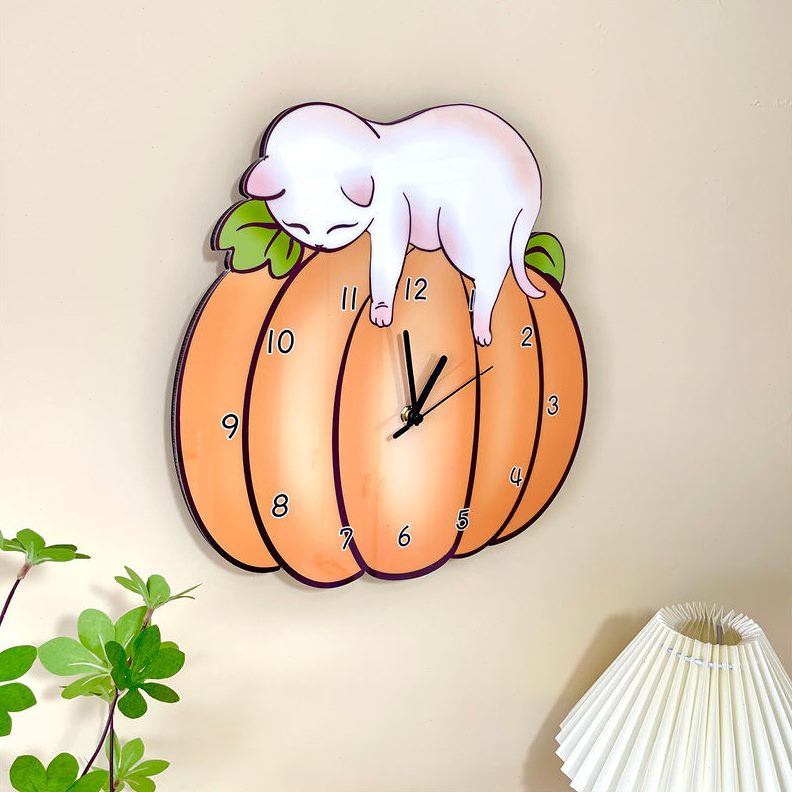 画简约创意个性时钟挂钟幼儿园静音装饰南瓜猫咪挂墙钟表客厅室图片