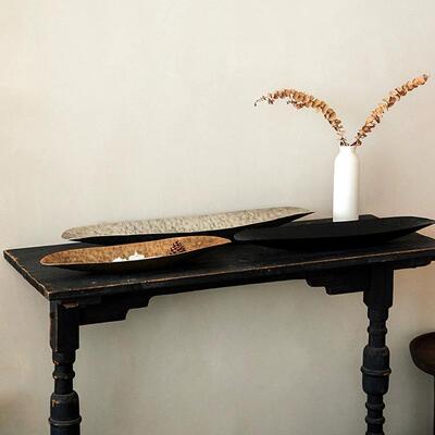 印度进口铝复古做托旧手工锤纹长制条坚件果盘收纳盘摆装饰OEC品