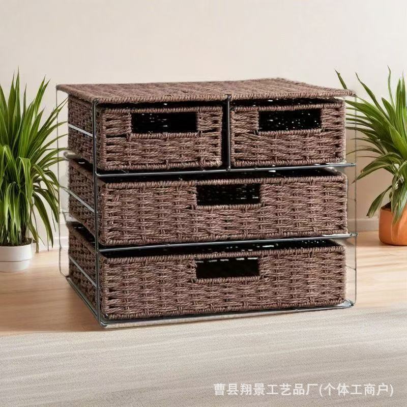 桌面抽屉式分格手工编织收纳筐