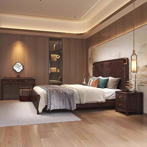 乌金木新中式全约KPE实木床18m主卧双人床箱高端大气简气压高储.