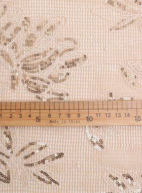 全棉亮片股花E17460布古装汉服立体方线格网绣莲珠绣网纱刺绣面料