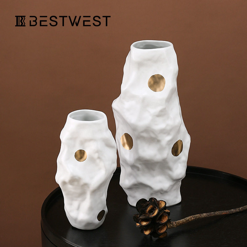 Best west 后现代艺术褶皱陶瓷花瓶桌面摆件高档轻奢软装饰品花器