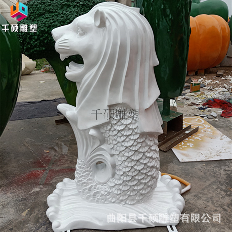 制定玻璃钢动物鱼尾狮雕塑喷水狮子头户外别墅水景景观装饰摆件