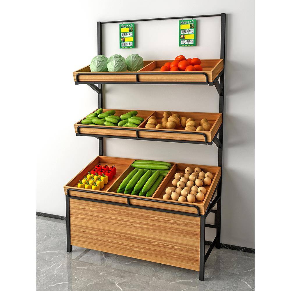 生超菜市水果货架展示PSF架蔬架子水果鲜店摆果框木钢果蔬置物架