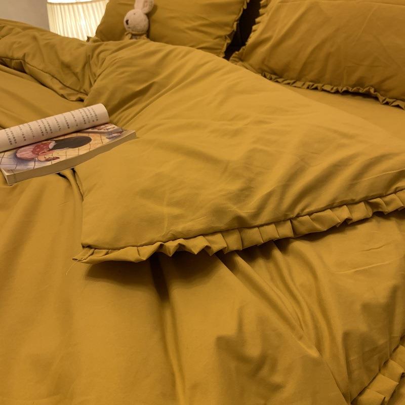 日式姜罩黄纯色花边四件套宿约2m民风简双人床单床F96MH55T笠被宿