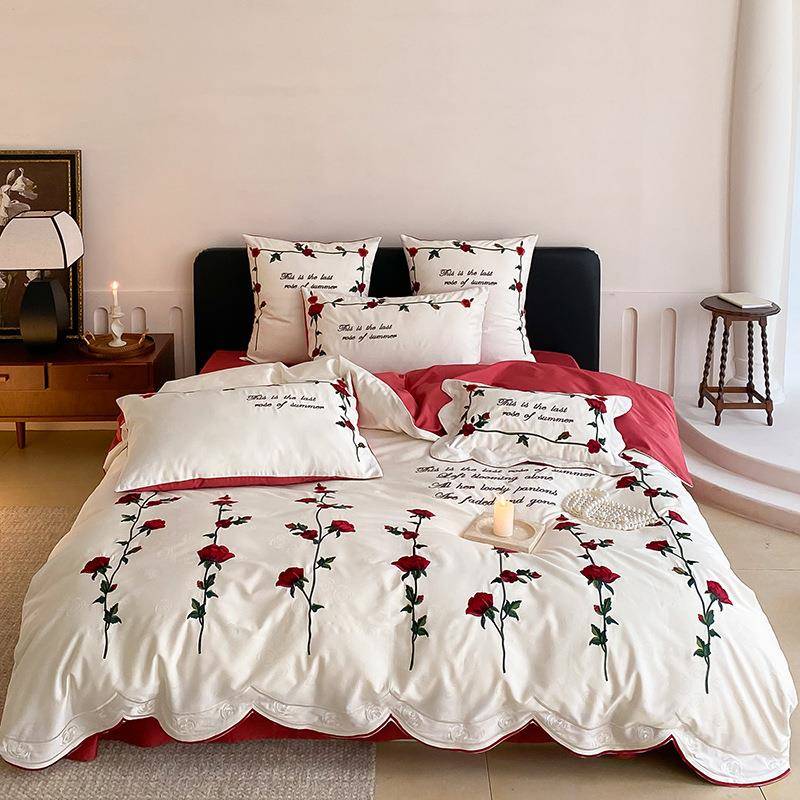 式玫床瑰刺绣被套四花件套法全棉纯棉100支FOZ长绒棉床单高端上用