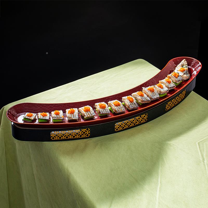 网鳗红一米带QDK鱼长条盘子陶瓷80cm弧形保鱼盘创意金加属热温炉