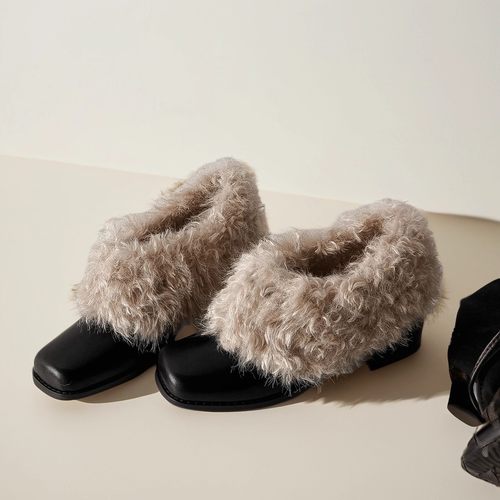 方头毛毛玛丽珍鞋女一脚蹬加绒保暖复古百搭小皮鞋棉鞋黑色单鞋子