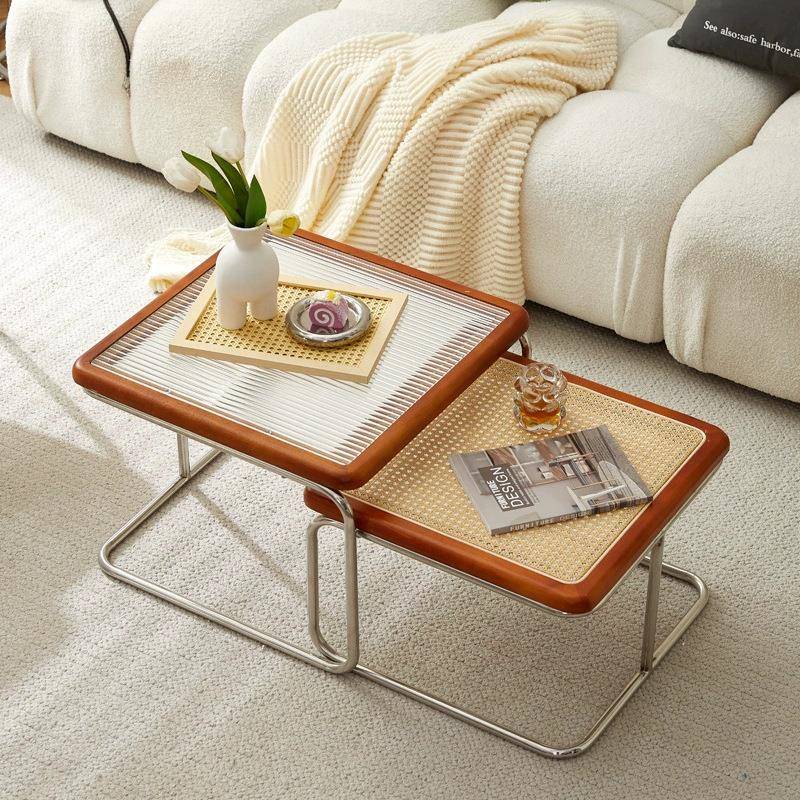 家用小户型玻璃边几客厅不锈钢子母方桌组合复古网红藤编中古茶几