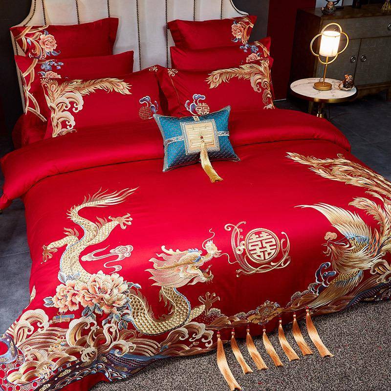 高档140支长绒棉婚庆大红龙凤刺绣四件套贡缎全棉结婚陪嫁6九件套