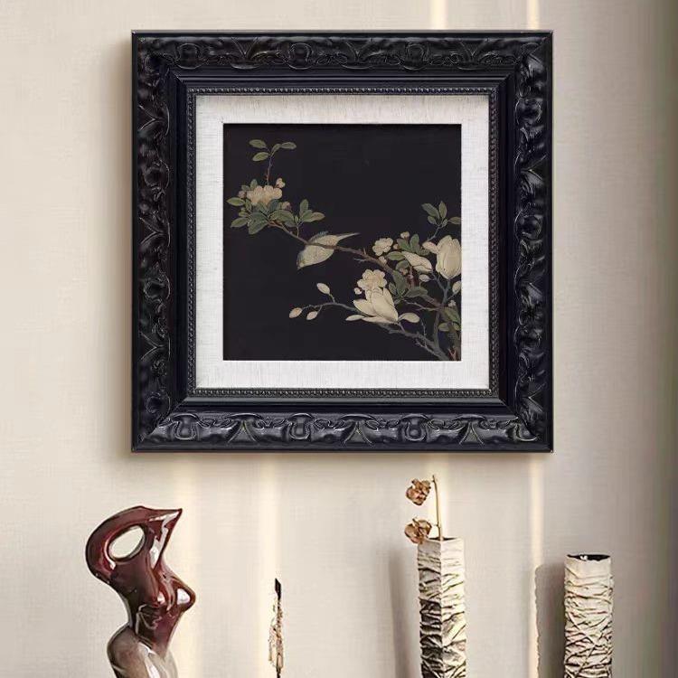 喜鹊登枝法式中国风书房装饰画玄关中古挂画书房复古实木框壁画