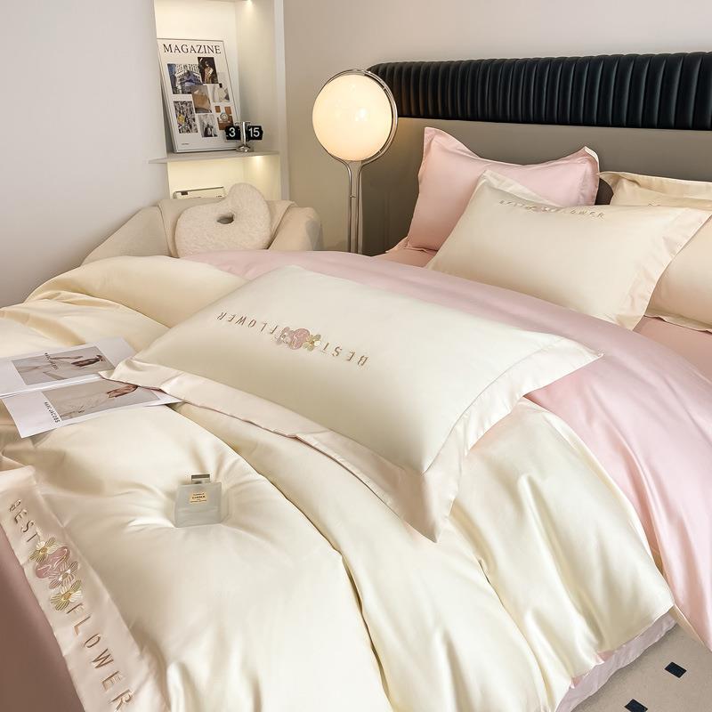 A类100支长绒棉四件套纯棉全棉纯色被套床单床笠高级刺绣床上用品